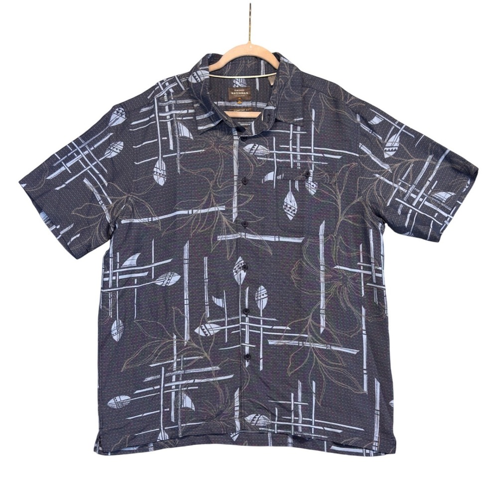 Quiksilver‎ Waterman Button Down Shirt Men XL Navy Blue Geometric Floral Modal